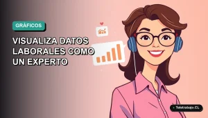 Ilustración plana corporativa de una trabajadora remota sonriente junto a gráficos combinados de Excel en fondo degradado azul verdoso.