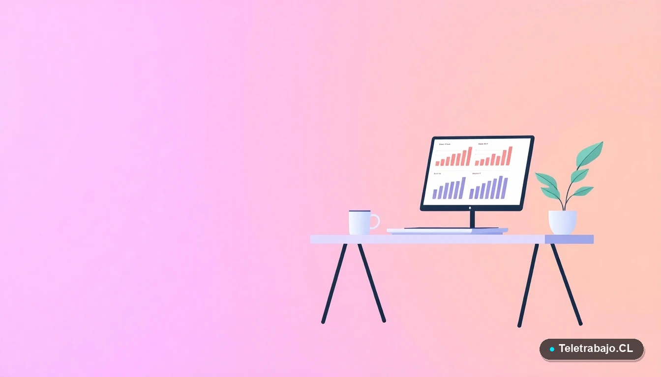 Escritorio moderno vacío con laptop mostrando gráficos combinados de Excel y una planta, sobre fondo degradado lila y durazno.