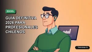 Ilustración vectorial plana de un profesional chileno en teletrabajo analizando gráficos dinámicos de Excel en su computador portátil, con fondo degradado verde.