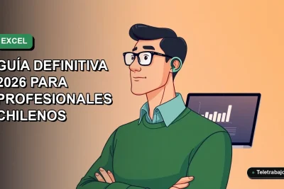 Ilustración vectorial plana de un profesional chileno en teletrabajo analizando gráficos dinámicos de Excel en su computador portátil, con fondo degradado verde.