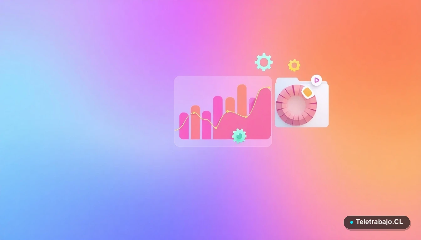 Composición abstracta de UI con gráficos flotantes en tonos lavanda, durazno y menta, y iconos de engranajes, sobre fondo degradado lavanda y melocotón.