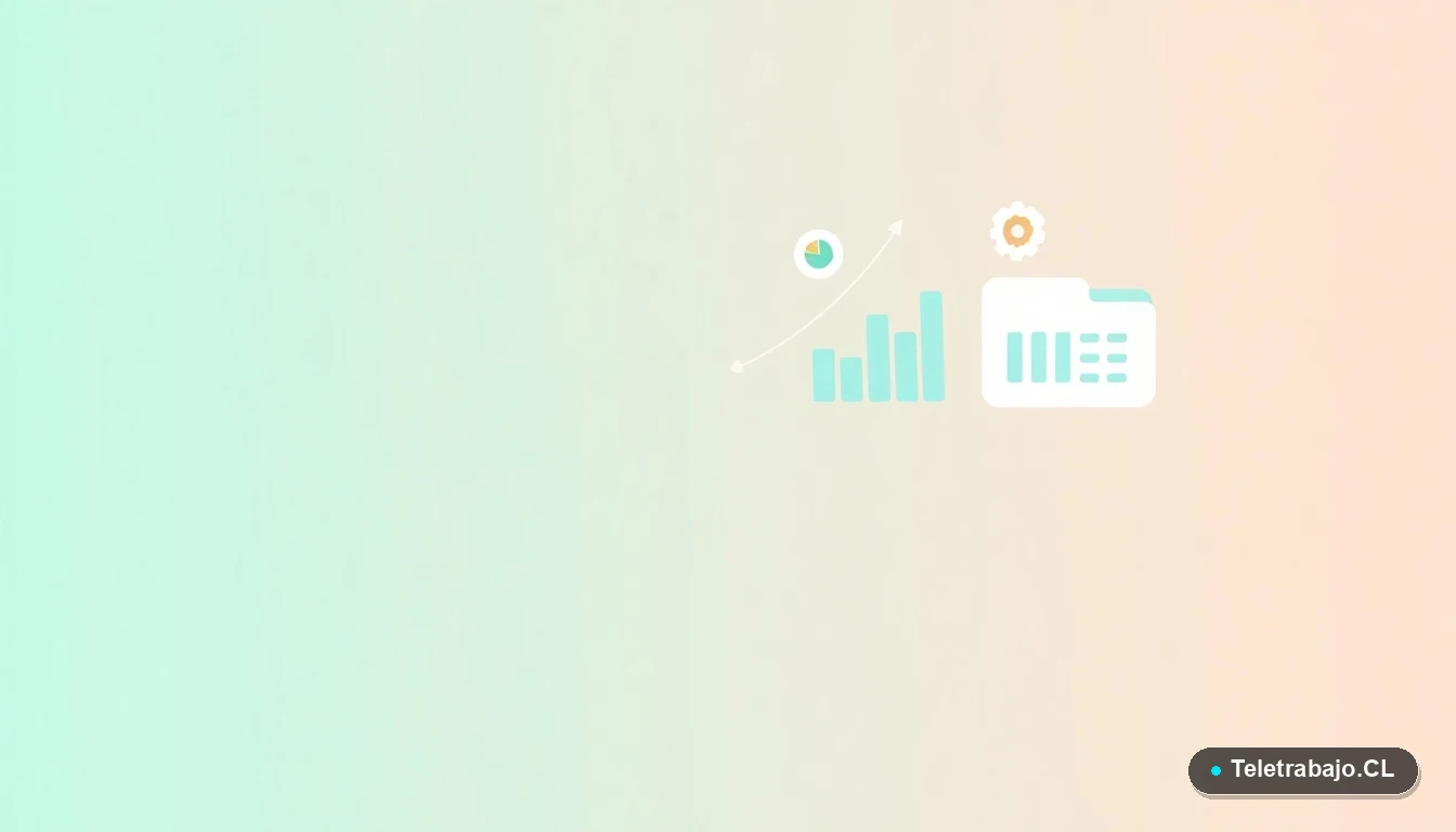 Composición abstracta de elementos de interfaz de usuario tecnológica, con gráficos de Excel, un engranaje y una carpeta en estilo vectorial plano, sobre un fondo con gradiente de menta y verde azulado.