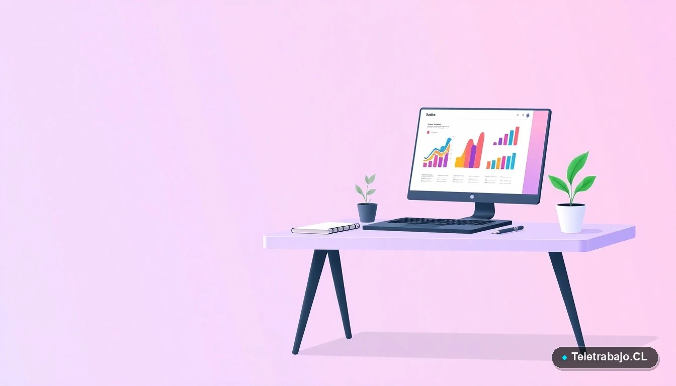 Escritorio moderno minimalista con laptop mostrando gráficos, en fondo degradado lila, concepto de trabajo remoto y productividad.