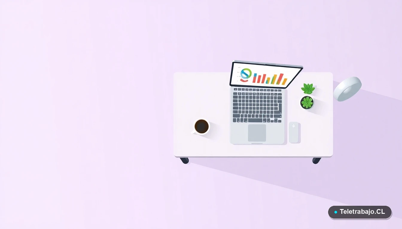 Vista superior de un escritorio moderno minimalista con laptop abierto mostrando gráficos, una taza de café y una planta, sobre fondo degradado lila.