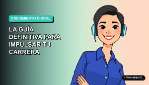 Ilustración vectorial plana de una trabajadora remota chilena sonriente, con blusa azul y pelo corto, sobre fondo degradado azul verdoso. Concepto de Growth Hacking 2026.