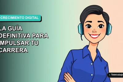 Ilustración vectorial plana de una trabajadora remota chilena sonriente, con blusa azul y pelo corto, sobre fondo degradado azul verdoso. Concepto de Growth Hacking 2026.