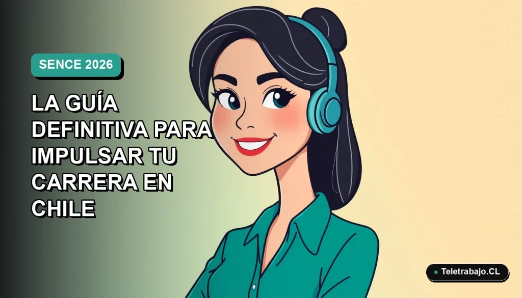 Ilustración plana vectorial de una mujer profesional chilena sonriente, con fondo degradado azul verdoso, representando el crecimiento laboral con SENCE.