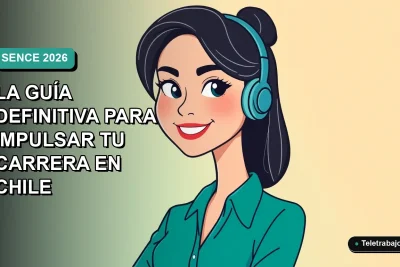 Ilustración plana vectorial de una mujer profesional chilena sonriente, con fondo degradado azul verdoso, representando el crecimiento laboral con SENCE.