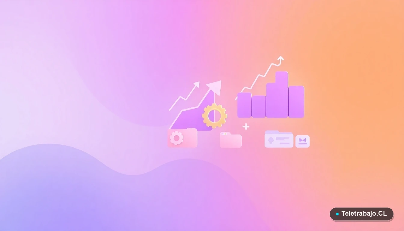 Elementos de interfaz de usuario abstractos y coloridos, como gráficos y engranajes flotantes, sobre un fondo degradado lila y durazno, simbolizando innovación y herramientas tecnológicas.