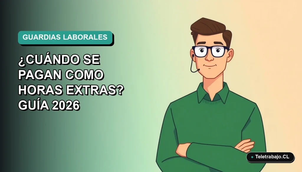 Ilustración plana corporativa de un trabajador masculino de oficina en Chile, con fondo degradado azul verdoso, sobre el pago de horas extras en guardias laborales.