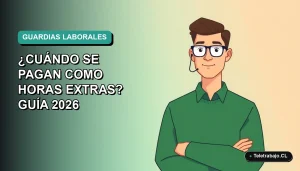 Ilustración plana corporativa de un trabajador masculino de oficina en Chile, con fondo degradado azul verdoso, sobre el pago de horas extras en guardias laborales.