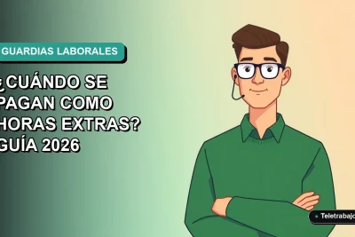Ilustración plana corporativa de un trabajador masculino de oficina en Chile, con fondo degradado azul verdoso, sobre el pago de horas extras en guardias laborales.