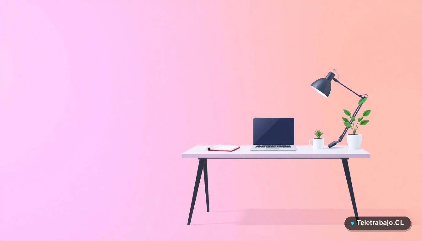 Escritorio moderno minimalista con laptop y artículos de oficina, ilustración plana sobre fondo degradado lila y melocotón, concepto de trabajo y legislación laboral en Chile.