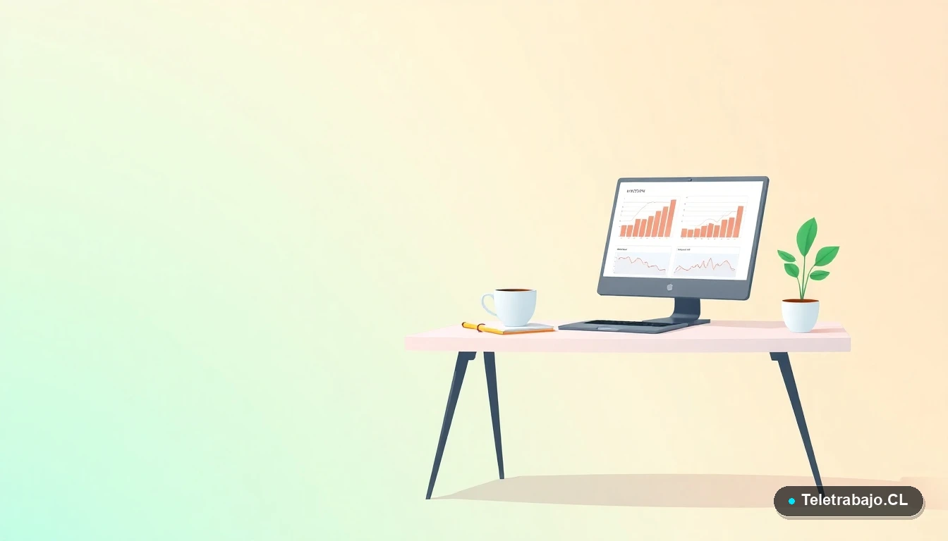 Escritorio moderno vacío con laptop y gráficos, estilo ilustración vectorial plana, fondo degradado verde menta. Concepto de trabajo remoto y guardias.