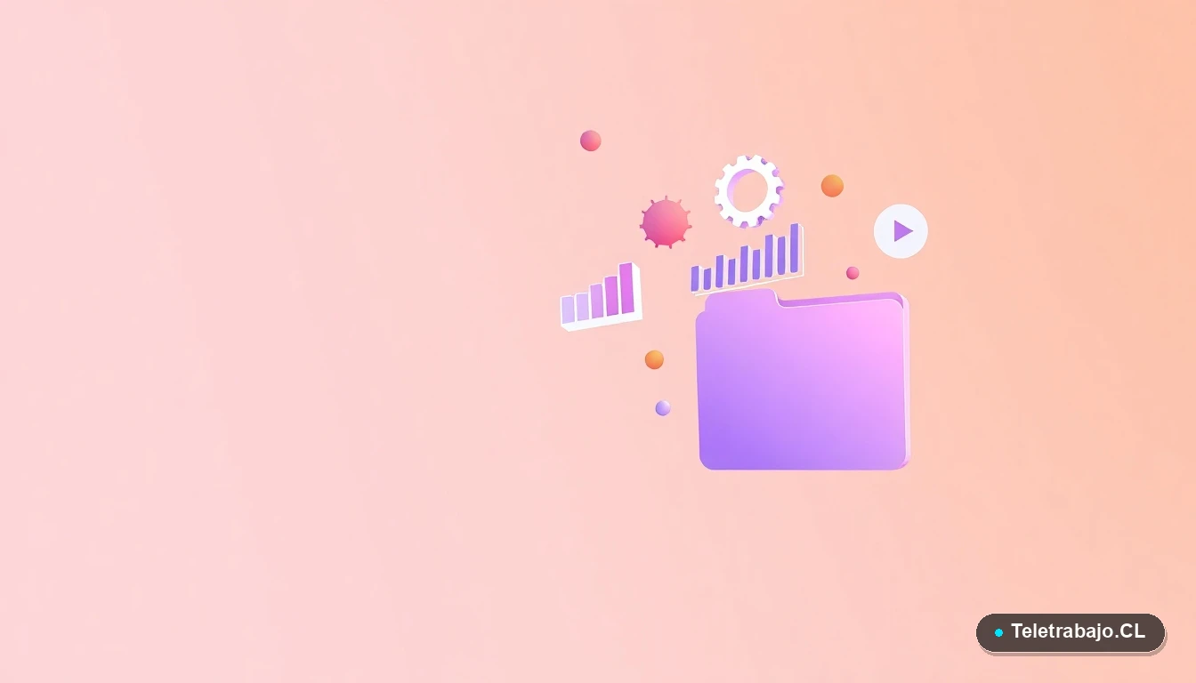 Composición abstracta de interfaz tecnológica con gráficos flotantes y engranajes sobre fondo degradado melocotón, ilustrando oportunidades de crecimiento profesional en Chile.