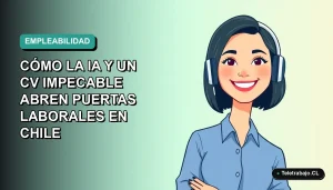 Ilustración plana vectorial de una mujer profesional chilena con blusa azul y corte bob, sonriendo, sobre un fondo degradado suave azul verdoso. Espacio negativo a la izquierda.