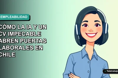 Ilustración plana vectorial de una mujer profesional chilena con blusa azul y corte bob, sonriendo, sobre un fondo degradado suave azul verdoso. Espacio negativo a la izquierda.