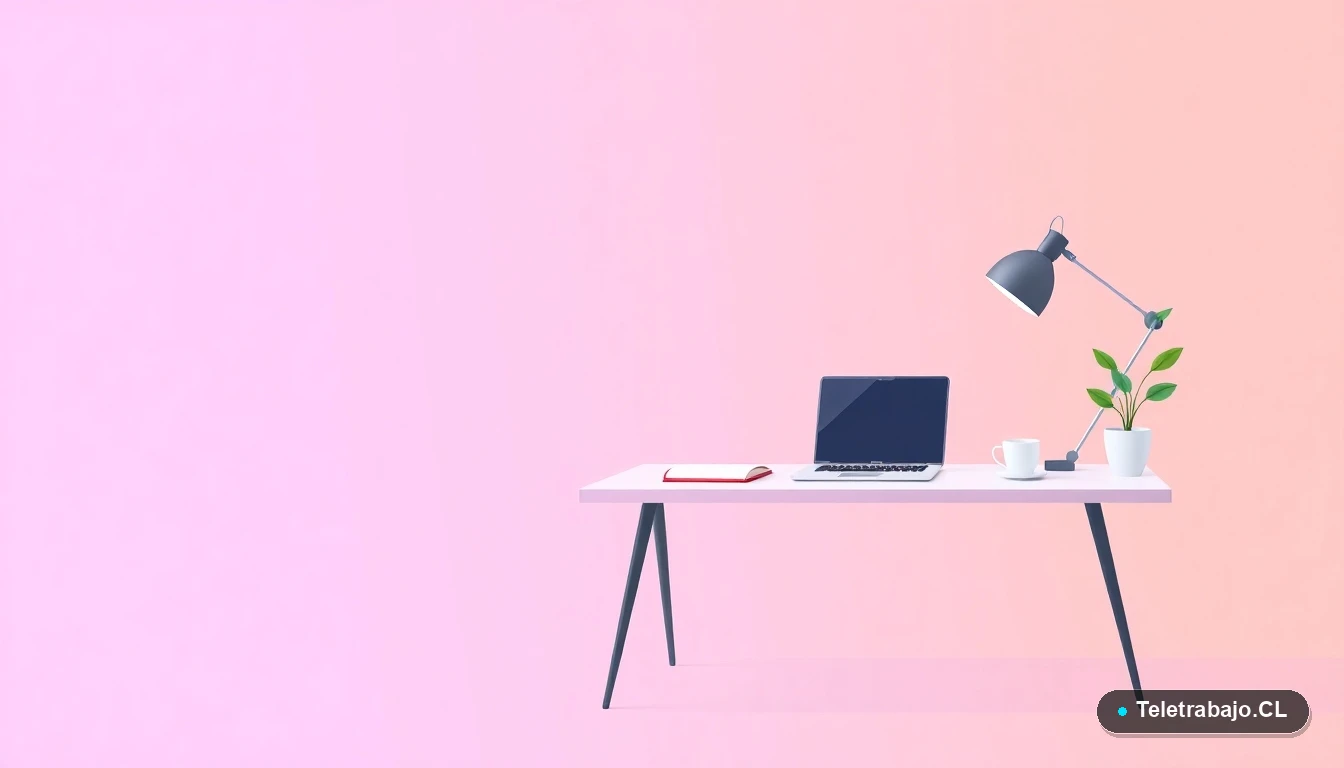 Escritorio moderno minimalista con laptop, café y planta, en estilo de ilustración vectorial plana, sobre fondo degradado lila y durazno. Concepto de espacio de trabajo remoto.