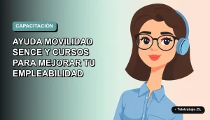 Ilustración plana vectorial de una mujer profesional con blusa azul y lentes, sobre fondo degradado suave azul verdoso, representando capacitación SENCE para mejorar empleabilidad.