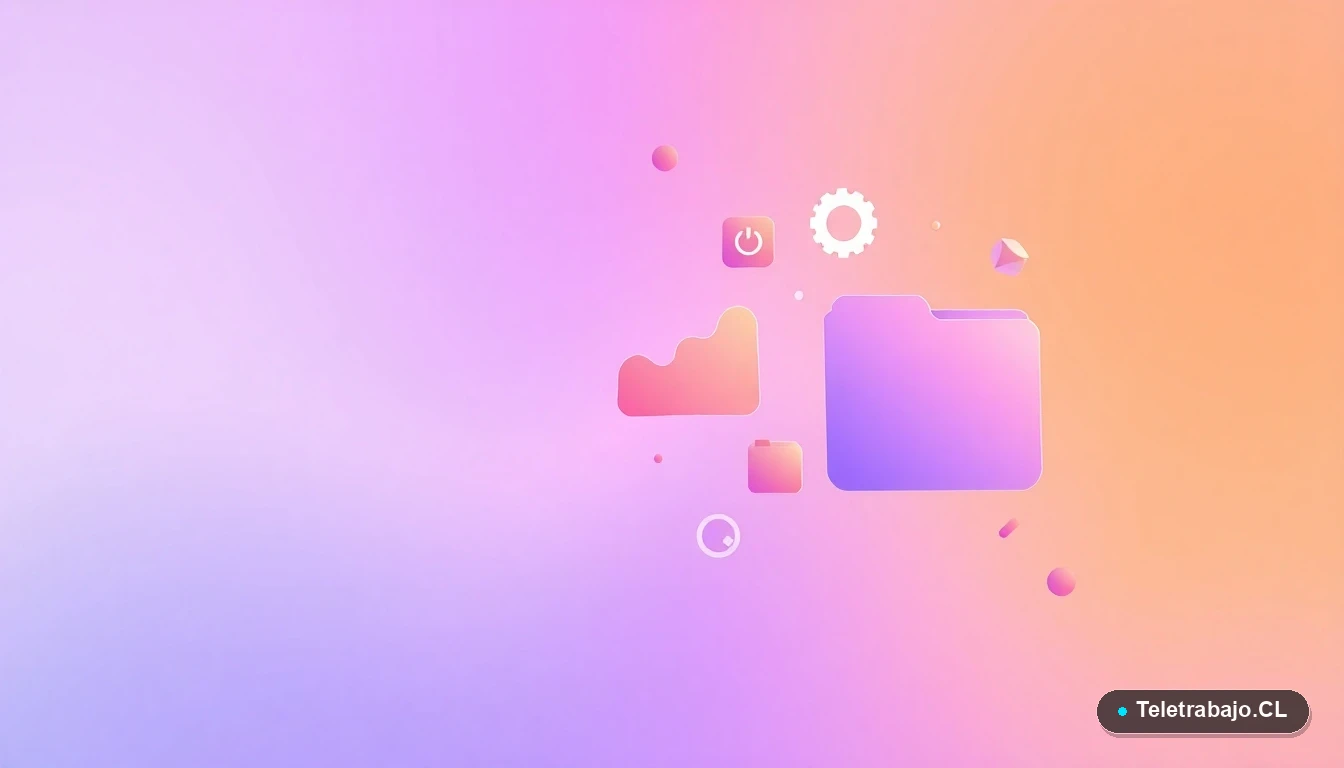 Composición abstracta de interfaz de usuario con gráficos flotantes, un engranaje y carpetas minimalistas en colores lavanda y durazno, sobre fondo degradado, representando capacitación tecnológica y mejora de empleabilidad.