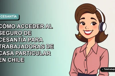 Ilustración vectorial plana de una trabajadora de casa particular sonriente, con fondo degradado azul verdoso. Guía para acceder al seguro de cesantía en Chile.