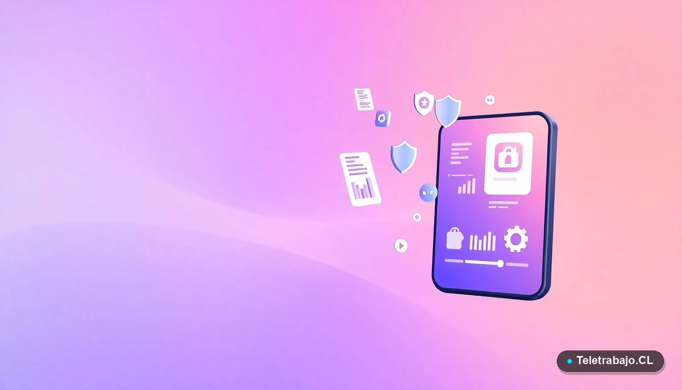 Iconos flotantes abstractos de un escudo, gráficos y documentos sobre fondo lavanda. Representación del proceso seguro de la cesantía para trabajadoras de casa particular.