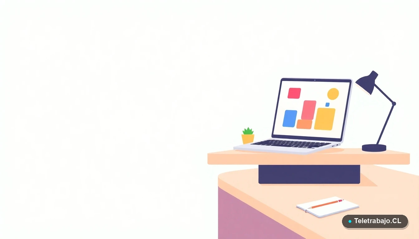 Escritorio moderno vacío con laptop y elementos educativos para niños, ilustración plana vectorial sobre fondo degradado verde menta.