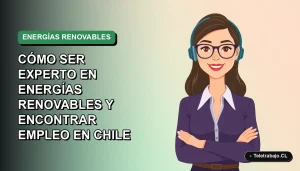 Ilustración plana corporativa de una mujer experta en energías renovables, con fondo de gradiente azul verdoso, estilo startup tecnológica chilena.