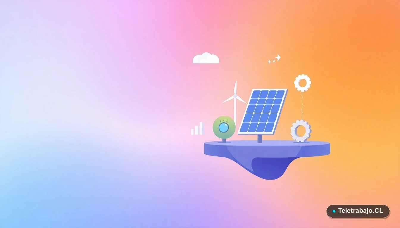 Composición abstracta de interfaz de usuario con iconos planos de energía eólica, solar y gráficos de crecimiento, sobre fondo gradiente lila y durazno, estilo corporativo moderno.