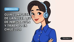 Ilustración plana corporativa de una mujer profesional latina con blusa azul, sonriendo, sobre fondo degradado azul y blanco. Representa la nueva ley de inmigración laboral en Chile.
