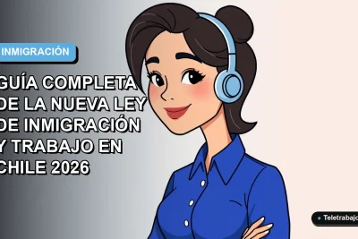 Ilustración plana corporativa de una mujer profesional latina con blusa azul, sonriendo, sobre fondo degradado azul y blanco. Representa la nueva ley de inmigración laboral en Chile.