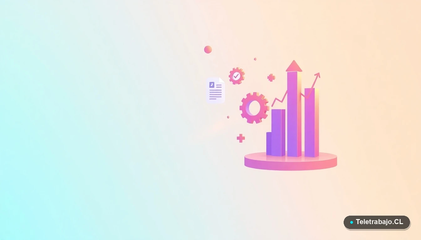 Composición abstracta de iconos tecnológicos planos: gráfico, engranaje y documento, en tonos lavanda y durazno, sobre fondo degradado verde menta. Concepto de procesos y regulación.