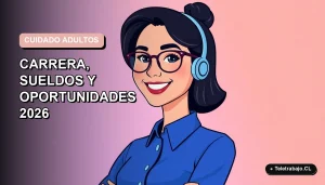 Ilustración plana vectorial de una mujer profesional chilena con blusa azul y lentes, sonriendo, sobre fondo degradado lavanda. Representa oportunidades laborales en cuidado de adultos mayores.