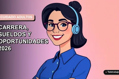 Ilustración plana vectorial de una mujer profesional chilena con blusa azul y lentes, sonriendo, sobre fondo degradado lavanda. Representa oportunidades laborales en cuidado de adultos mayores.