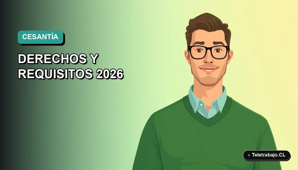 Ilustración plana vectorial de un trabajador chileno con suéter verde, sobre fondo degradado azul verdoso, representando el seguro de desempleo.