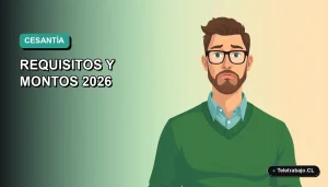 Ilustración plana de un trabajador de oficina consultando una guía sobre el seguro de cesantía en Chile, fondo degradado verde azulado.