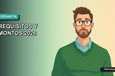 Ilustración plana de un trabajador de oficina consultando una guía sobre el seguro de cesantía en Chile, fondo degradado verde azulado.