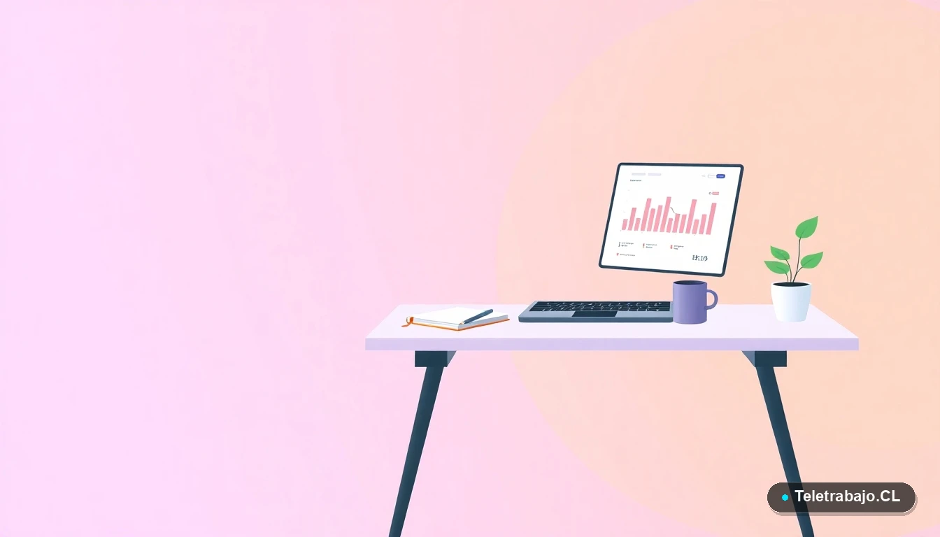 Escritorio moderno con laptop, gráficos, una planta y una taza de café, representando la gestión del seguro de cesantía, fondo degradado lila.