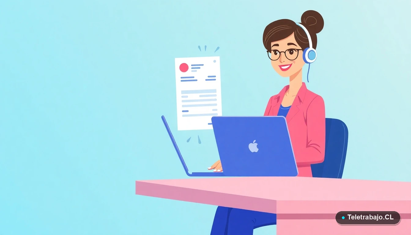 Freelancer en teletrabajo generando una factura electrónica en su computador, ilustración plana moderna.
