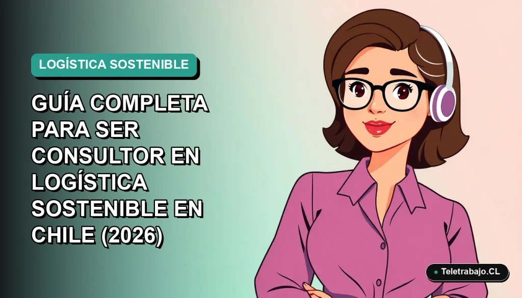 Consultor de logística sostenible en Chile, ilustración vectorial plana estilo Corporate Memphis, con fondo degradado azul verdoso.