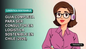 Consultor de logística sostenible en Chile, ilustración vectorial plana estilo Corporate Memphis, con fondo degradado azul verdoso.