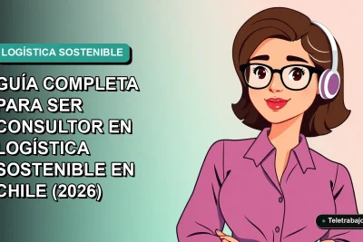 Consultor de logística sostenible en Chile, ilustración vectorial plana estilo Corporate Memphis, con fondo degradado azul verdoso.