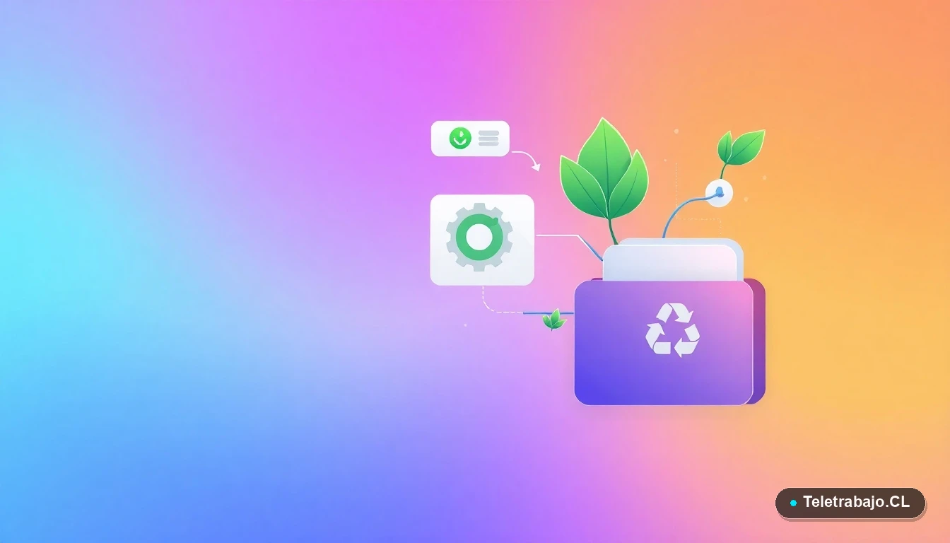 Elementos abstractos de UI sobre logística sostenible: gráfico de red, engranaje con hoja y carpeta de reciclaje, ilustración vectorial plana con fondo lila.