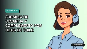 Ilustración plana vectorial de una trabajadora chilena sonriente con blusa azul, sobre fondo degradado verde azulado. Concepto de subsidio de cesantía y complemento por hijos.