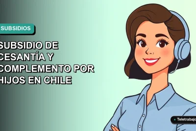 Ilustración plana vectorial de una trabajadora chilena sonriente con blusa azul, sobre fondo degradado verde azulado. Concepto de subsidio de cesantía y complemento por hijos.