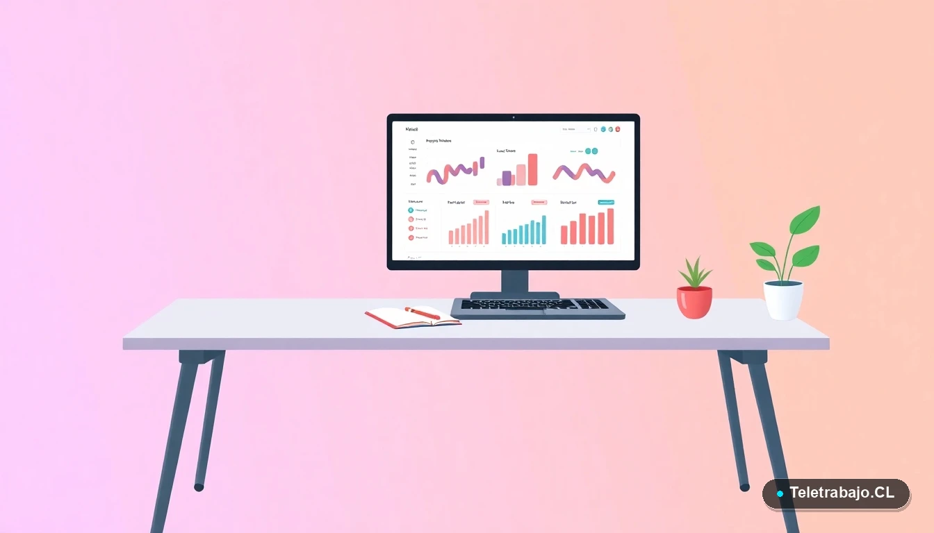 Escritorio moderno minimalista con laptop, gráficos abstractos, taza de café y una planta. Fondo degradado lila y durazno. Concepto de teletrabajo y gestión de subsidios en Chile.