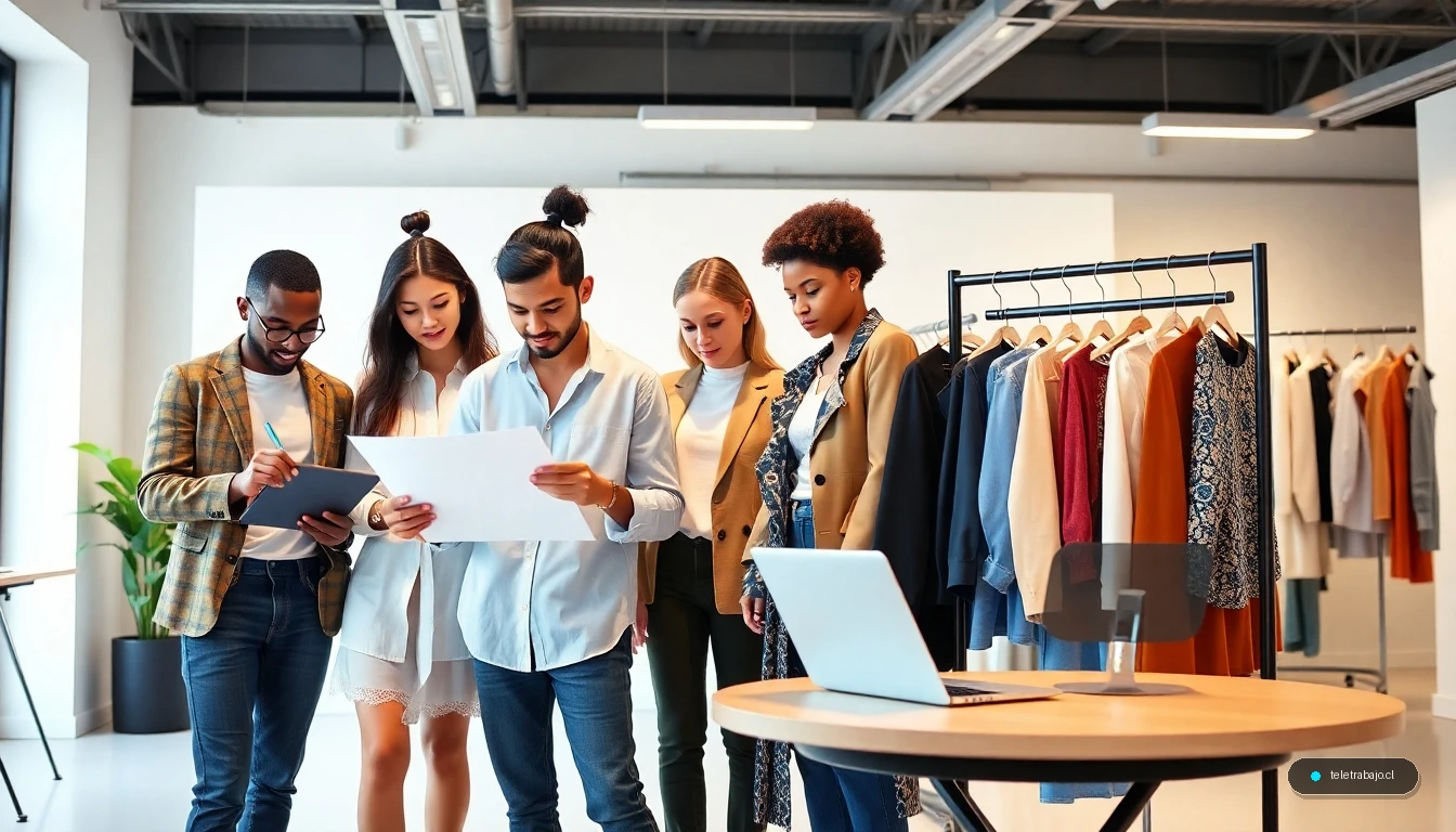 Profesionales de la moda trabajando en un estudio moderno: diseño, merchandising y análisis de tendencias.