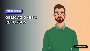 Ilustración plana corporativa de un hombre autónomo trabajando desde casa, con fondo degradado azul y morado.