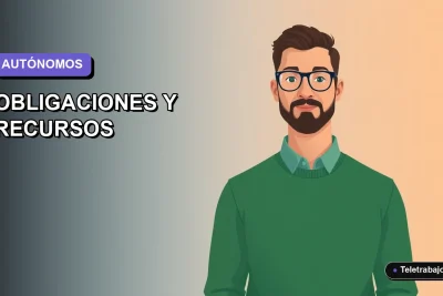 Ilustración plana corporativa de un hombre autónomo trabajando desde casa, con fondo degradado azul y morado.