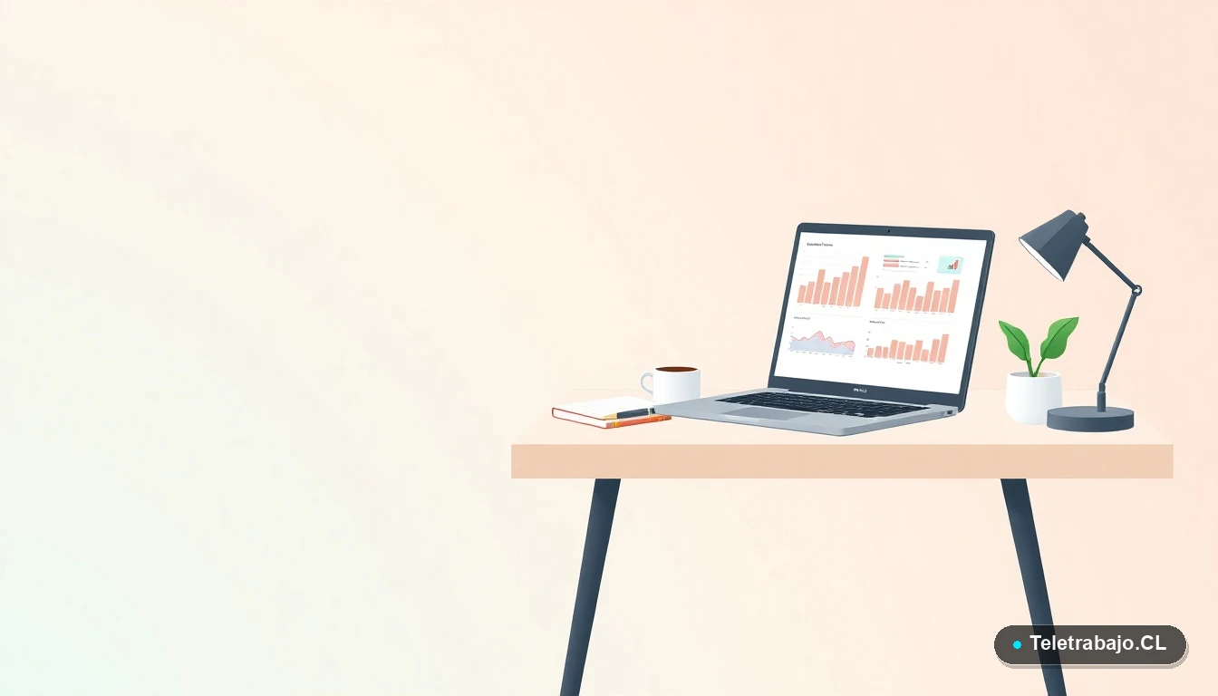 Escritorio moderno minimalista para autónomos con laptop, taza de café y planta, sobre fondo degradado de menta y verde azulado.